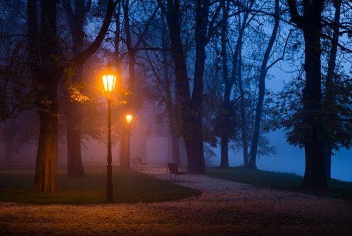 Vintage lamp in the city park during dawn